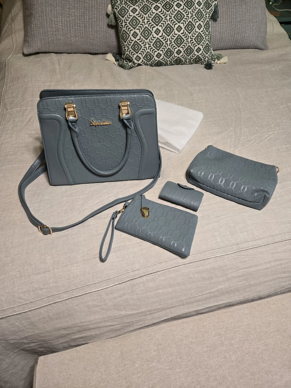 Light Blue Structured Tote Handbag with Gold Hardware
